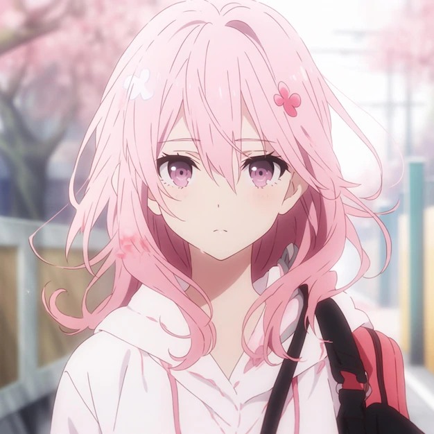 Anime girl with pink hair and a backpack in a city ...